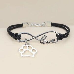 Paw Dog Cat Animal Lover Love Heart Infinity Bracelet Black Cord Silvery NWT 7"